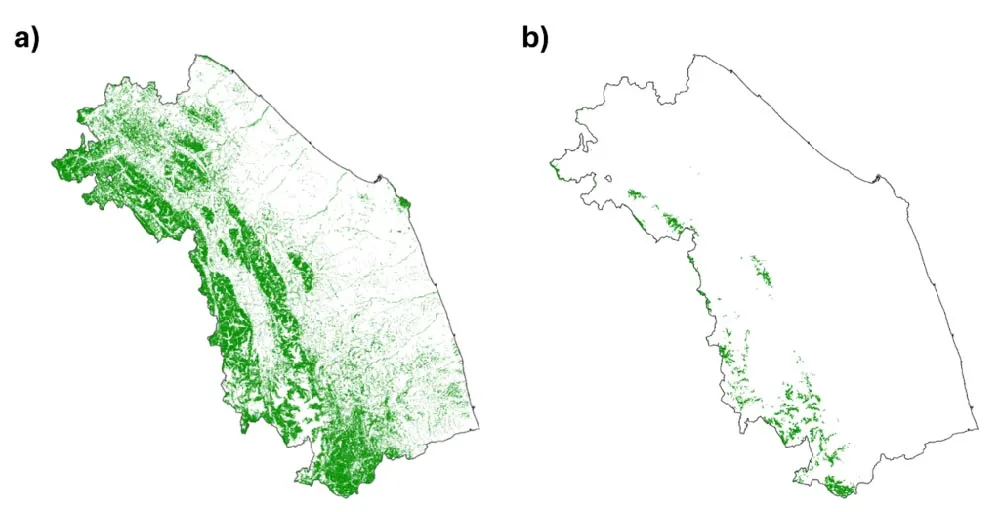 Mapa de distribucion de hayedos en Le Marche